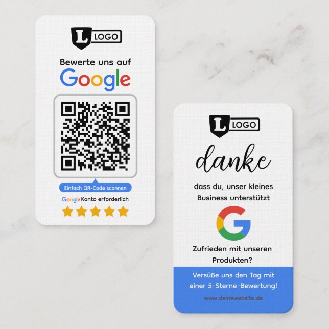 Google Bewertungskarte mit QR code Business Card  Visitkort (Fram/baksida)