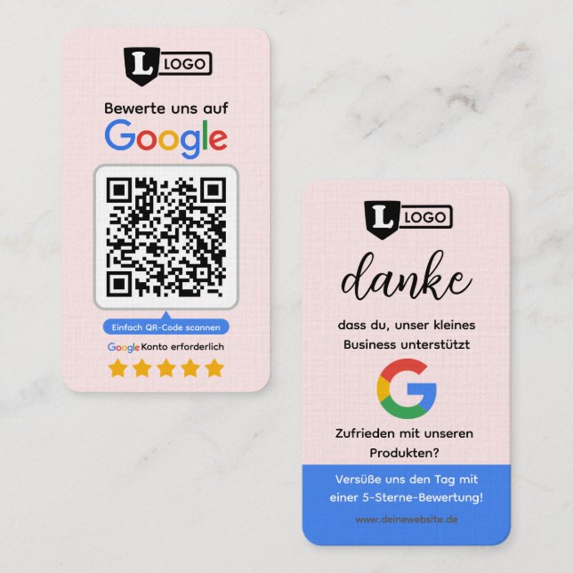 Google Bewertungskarte mit QR code Business Card  Visitkort (Fram/baksida)