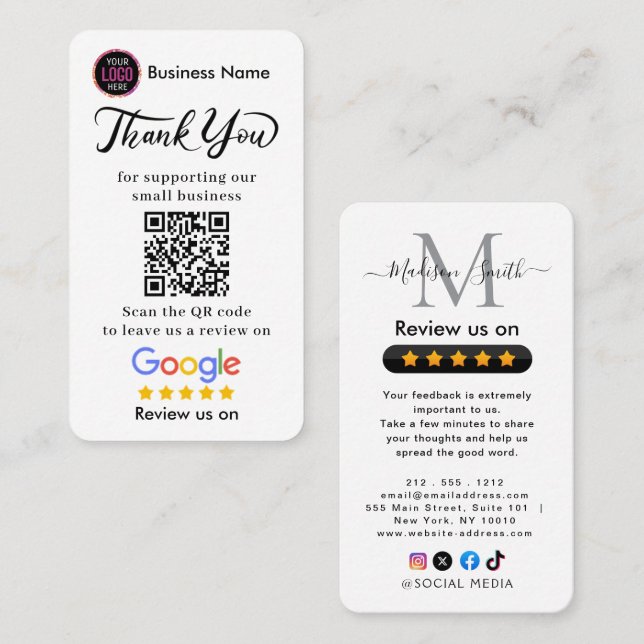 Google Recensioner Med Tack Och QR-kod Visitkort (Fram/baksida)