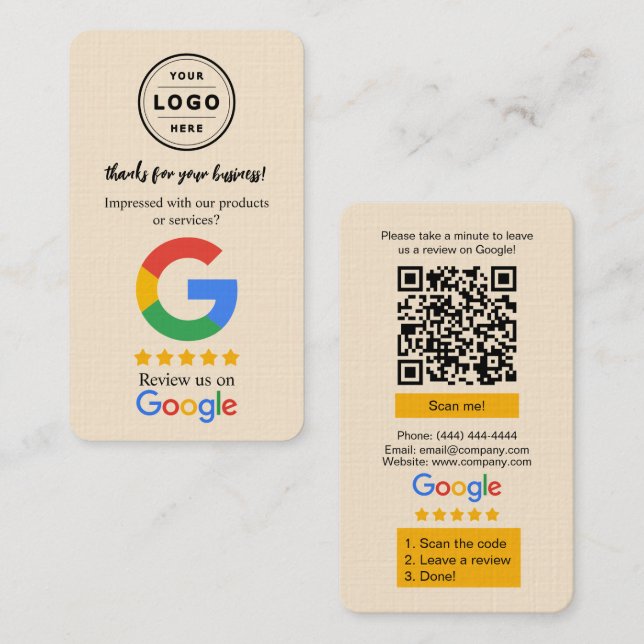 Google Review Begäran Kort med logotyp och QR-kod  (Fram/baksida)