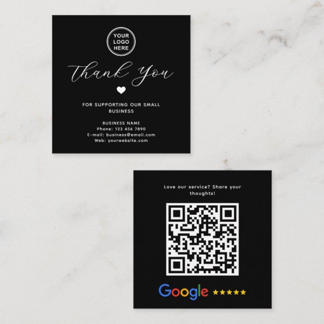 Google Review QR Code Tack Black Modern Fyrkantigt Visitkort (Fram/baksida)