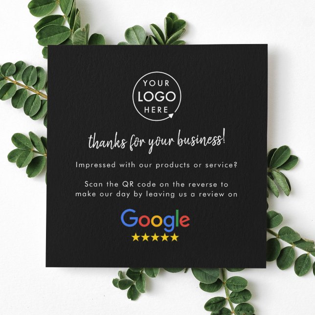 Google Review us Black Business Tack QR-kod Fyrkantigt Visitkort (Google Review interactive QR code cards branded with your company logo.)