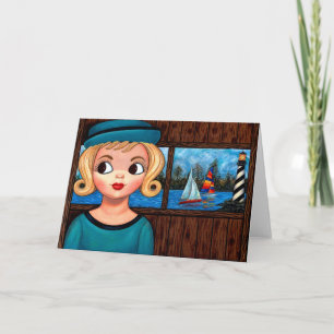 Googly Girl Sailor Head Vas Lighthouse Sailboat Kort