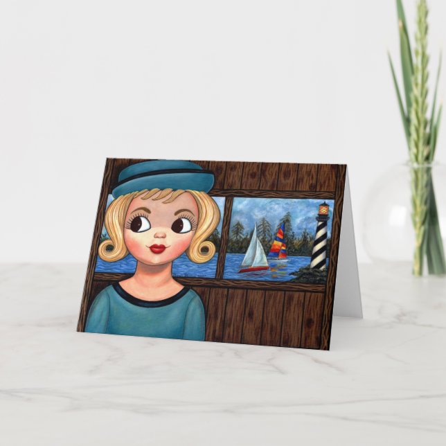 Googly Girl Sailor Head Vas Lighthouse Sailboat Kort (Framsida)