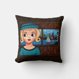 Googly Girl Sailor Head Vas Lighthouse Sailboat Kudde