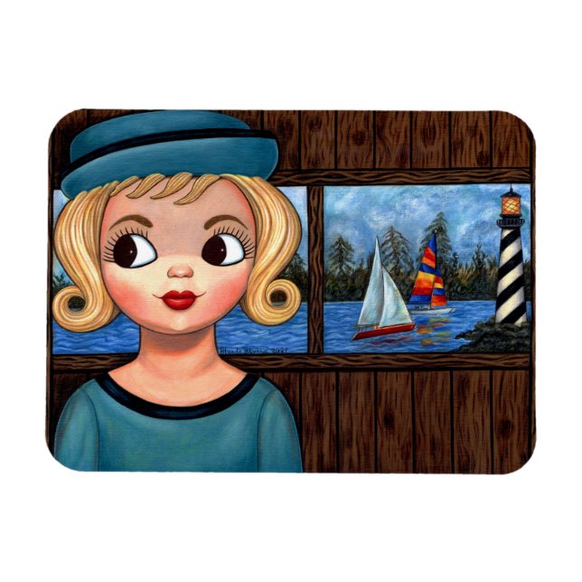 Googly Girl Sailor Head Vas Lighthouse Sailboat Magnet (Horisontell)