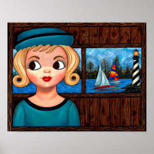 Googly Girl Sailor Head Vas Lighthouse Sailboat Poster
