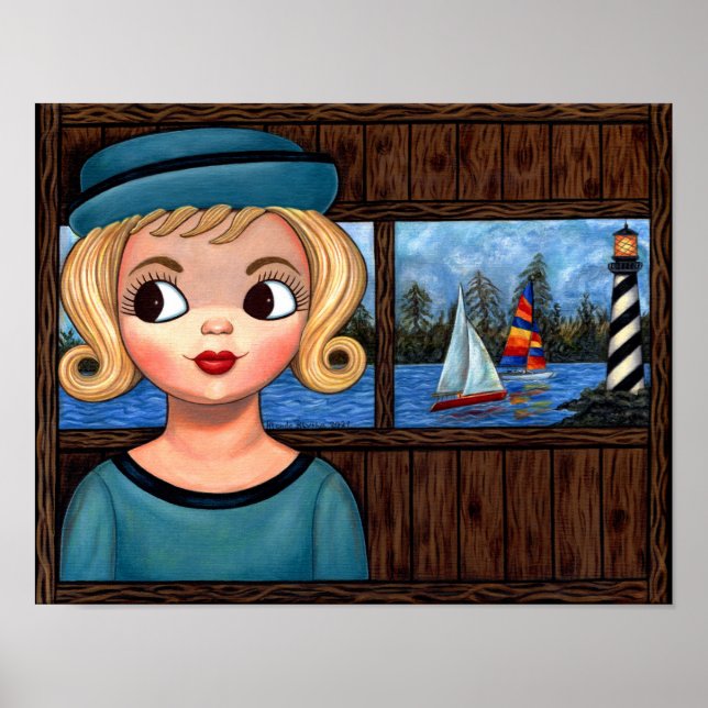 Googly Girl Sailor Head Vas Lighthouse Sailboat Poster (Framsidan)