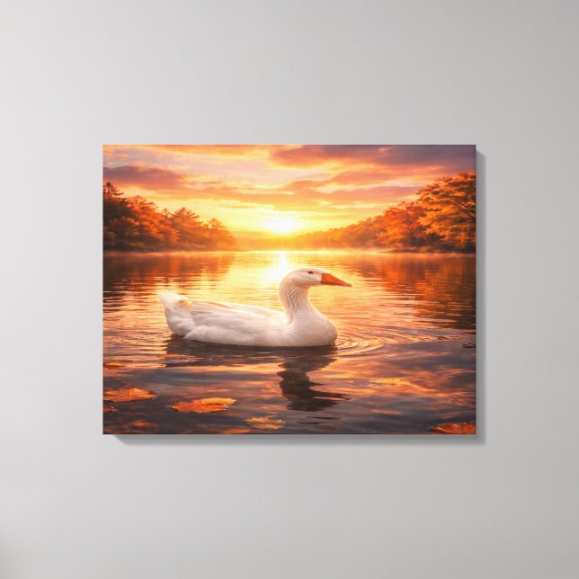 Goose Floating on a Misty Lake Canvastryck (Framsida)