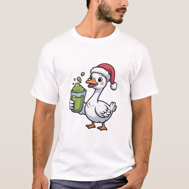 Goose Holding Matcha Drink Wearing Santa Hat T Shirt (Framsida)