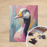 Goose Porträtt Modern Impressionist Art Pussel<br><div class="desc">En modern porträtt av en gås, som återges i muterade toner med mjuk rosa och blått nyans, och penseldrag med uttrycklig abstrakt. Den skonsamma paletten och det texturerade borsarbetet i färg skapar en lugn, men ändå en slående tolkning av gåsen, som blandar enkelhet med konstnärligt djup. Biet erbjuder en contemporary,...</div>