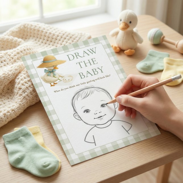 Goose Sage Gingham Draw The Baby Shower Game Card Inbjudningar (Skapare uppladdad)