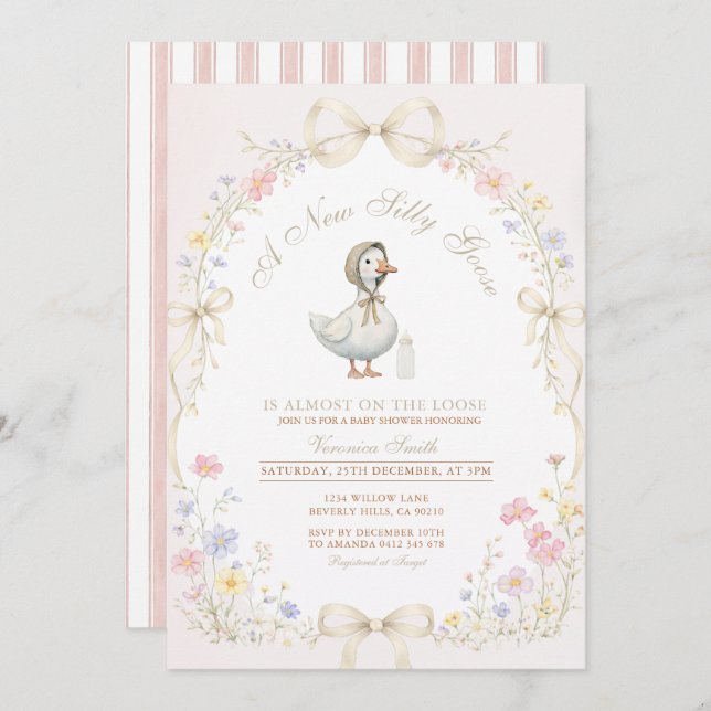 Goose Wildflower Pink Ivory Baby Shower Inbjudningar (Fram/baksida)