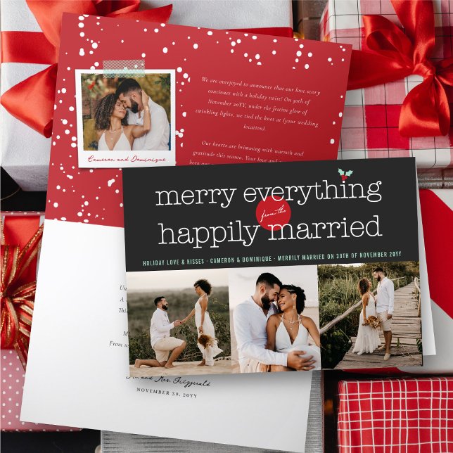 Gör allt från det lyckligt gifta 3 fotot helgkort (Merry Everything From The Happily Married 3 Photo Holiday Wedding Announcement Folded Card)