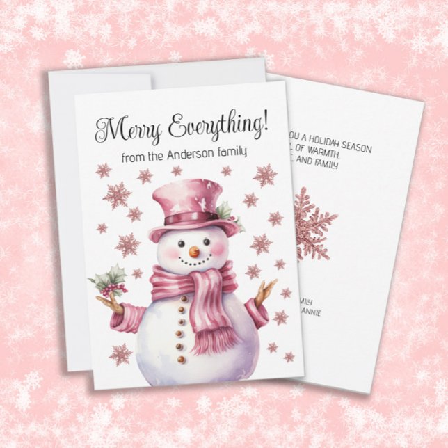 Gör allt Rosa Snögubbe Snöflingor Julkort (Cute pink snowman and snowflakes "Merry Everything" custom Christmas/holiday greeting card.)