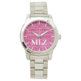 Gör Anpassningsbar Monogram Shock rosa Faux Crokod Armbandsur