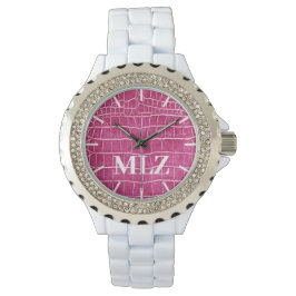 Gör Anpassningsbar Monogram Shock rosa Faux Crokod Armbandsur