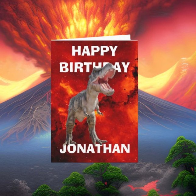 Gör deras födelsedag oförglömlig med vår T-rex Kort (Unleash your creativity with our T Rex dinosaur card featuring a striking red volcano!)