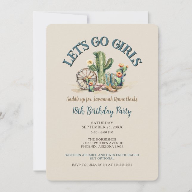 Gör det möjligt att åka flickor Western Födelsedag Inbjudningar (Framsida)