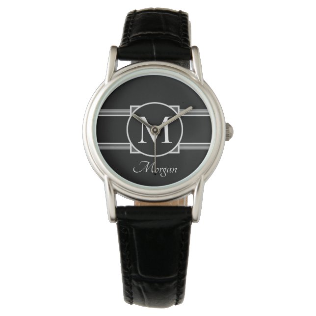Gör-det-själv-monogram & namn, B/S & grå design Armbandsur (Framsida)
