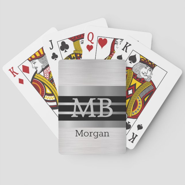 Gör-det-själv Monogram/Namn Bk/Silverränder Borsta Casinokort (Baksidan)