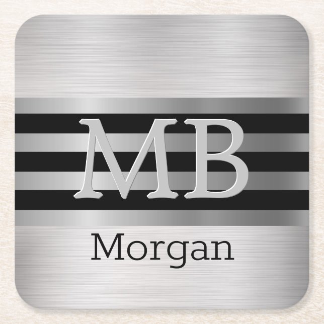 Gör-det-själv Monogram/Namn Bk/Silverränder Borsta Underlägg Papper Kvadrat (Framsidan)