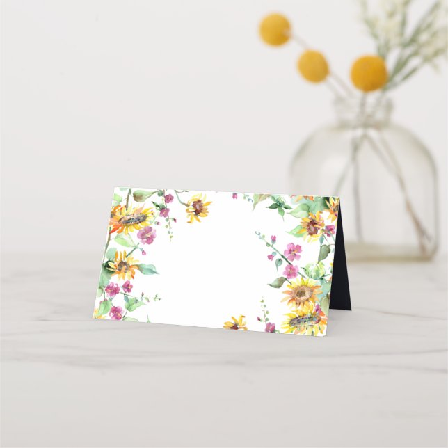 Gör-det-själv Solros Höst Akvarell Blommig Bröllop Placeringskort (Framsida)