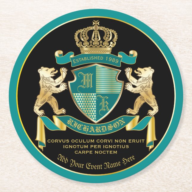 Gör din egen Jacka av Arm Teal Guld Bear Emblem Underlägg Papper Rund (Framsidan)