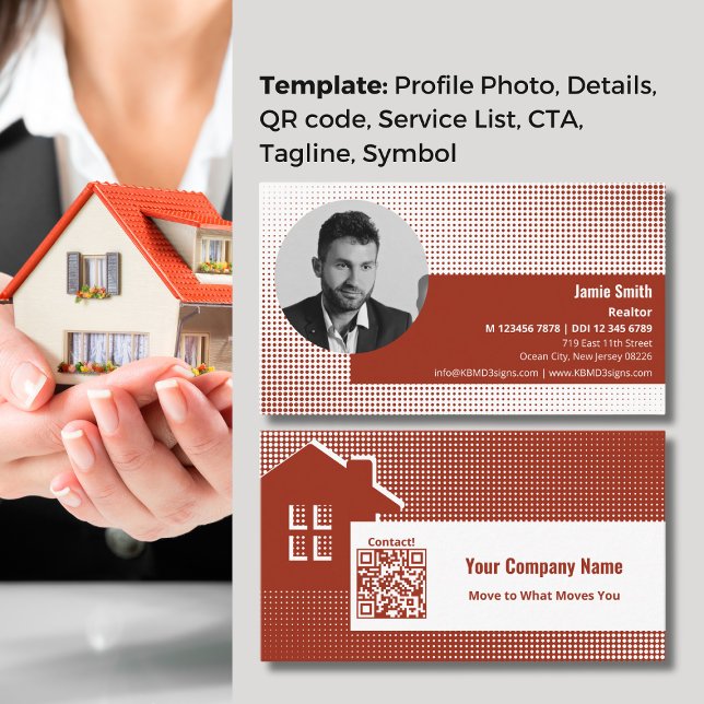 Gör ditt märke, rentav röd Gods Agent Visitkort (Make Your Mark, Striking Red Real Estate Agent Business Card, QR code, Tagline, Profile Photo)