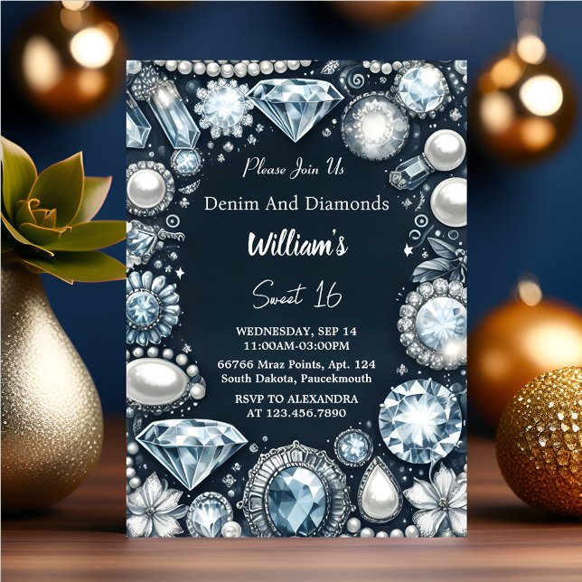 Gör Elegant Gem Bling Denim och Diamonds Sweet 16 Inbjudningar (Skapare uppladdad)