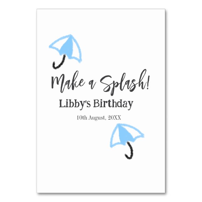 Gör ett stänk-blått paraply sommar bassäng-födelse bordsnummer (Framsidan)