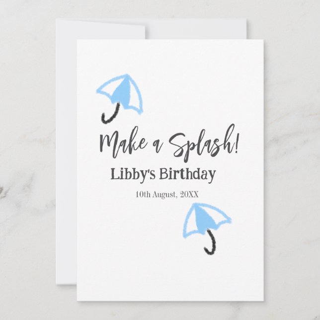 Gör ett stänk-blått paraply sommar bassäng-födelse inbjudningar (Framsida)