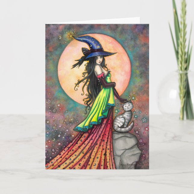 Gör ingen skada Häxa Katt Fantasy Halloween Konst Kort (Framsida)