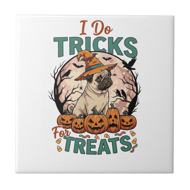 Gör trick-or-treat Halloween Mops Häxa Hatt Pumpa_ Kakelplatta (Framsidan)