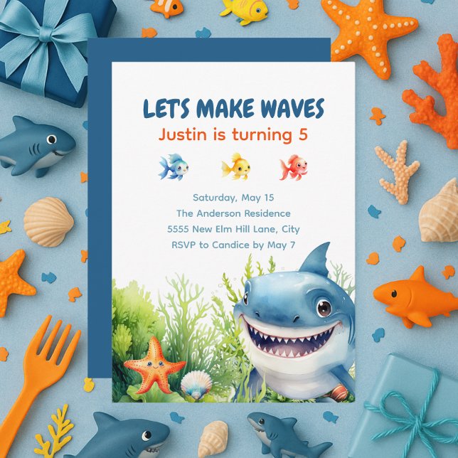 Gör Vågor Glad Haj Under Havet Födelsedag Inbjudningar (Happy shark under the sea birthday party invitation)