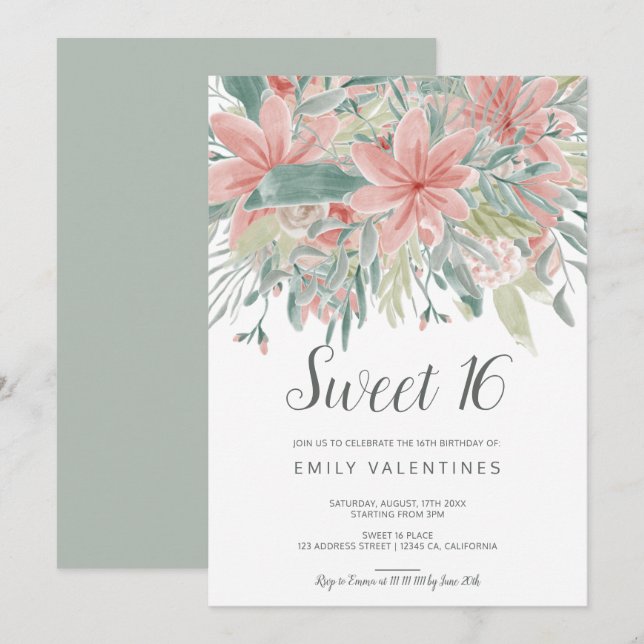 Görar grön chic rosor för blom | blom- inbjudningar (Fram/baksida)