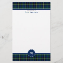 Gordon Klan Mörk blått och Grönt Tartan Monogram Brevpapper
