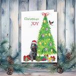 Gordon Setter, Bird och Julgran Helgkort<br><div class="desc">På framsidan av detta julkort bär en vacker Gordon Setter hund en röd och vit Jultomten, medan han sitter bredvid en Helgdag träd. Paket som har en lätt inslagen gåva är utspridd och en tjurfäktning landar på Julgran. I den röda och grönt texten står det "Jul JOY". Insidan är stiliserad...</div>