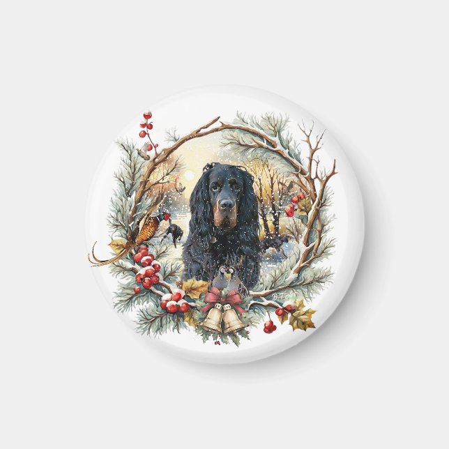 Gordon Setter Christmas Joy – Seasonal Dog Art Magnet (Framsidan)