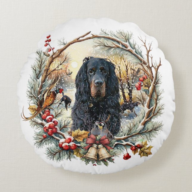 Gordon Setter Christmas Joy – Seasonal Dog Art Rund Kudde (Framsidan)