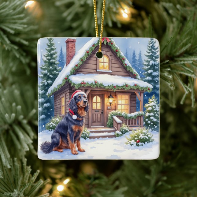 Gordon Setter Snowy Lodge Santa Hat Christmas Art Julgransprydnad Keramik (Träd)
