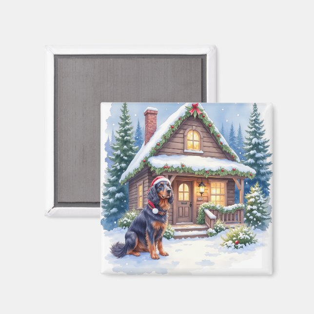 Gordon Setter Snowy Lodge Santa Hat Christmas Art Magnet (Front/Back)
