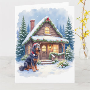 Gordon Setter Snowy Lodge Santa Hatt Jul Konst Kort