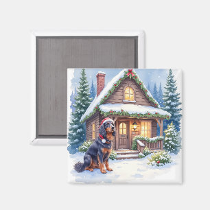 Gordon Setter Snowy Lodge Santa Hatt Jul Konst Magnet