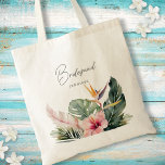 Gorgam Tropical Botanicals Destination Wedding Tygkasse<br><div class="desc">Den här elegantens bröllopstäckande väska har fantastiska botaniska vattenfärger, inklusive handflatan löv, hibiscus och paradisfåglar. Typografin är klassisk men modern. Det står "Bridesmaid" på framsidan, men det kan lätt ändras till "Maid of honor", "Budens mamma" osv. Det här är perfektens utformning för ett tropiskt strandtema eller destinationsbröllop. Se samlingen för...</div>