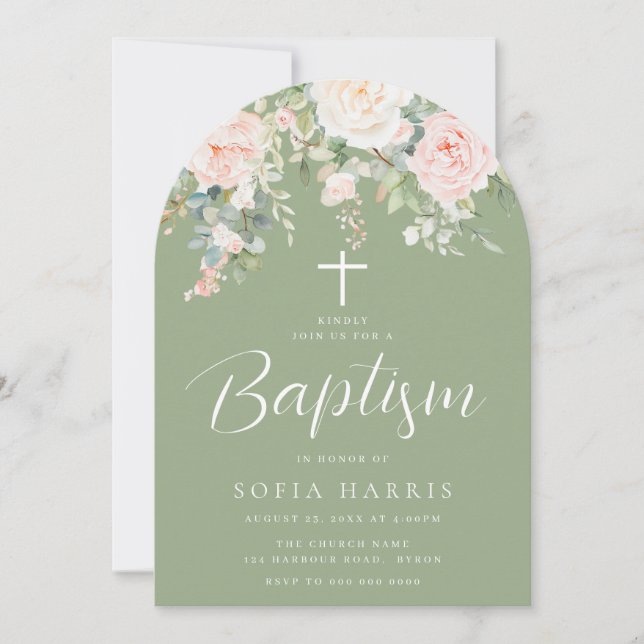 Gorgeous Blush & Sage Boy or Girl Baptism Arch Inbjudningar (Framsida)