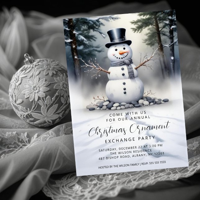 Gorgeous Snowman Frosted Forest Ornament Exchange Inbjudningar (Cute Gorgeous Snowman Frosted Landscape Forest Christmas Holidays Ornament Exchange Party Invitation)