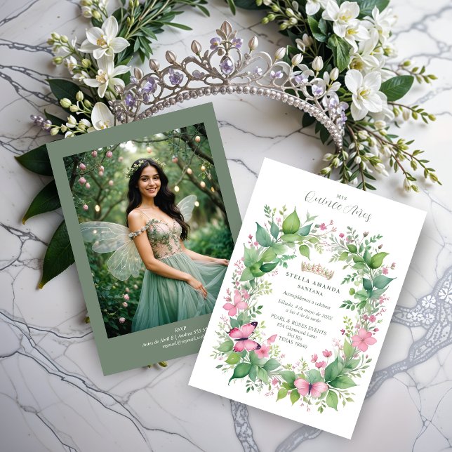 Gorgeous Spring Tiara Green & Pink Floral Spanish  Inbjudningar (Gorgeous Spring Tiara Green & Pink Floral Spanish Quinceañera Photo Invitations Cards. )