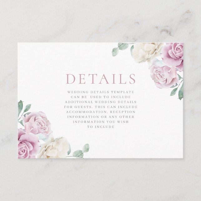 Gorgeous White & Blush Floral Wedding Details Tilläggskort (Framsida)