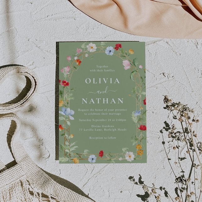 Gorgeous Wildflower Wreath Sage Wedding  Inbjudningar (Skapare uppladdad)